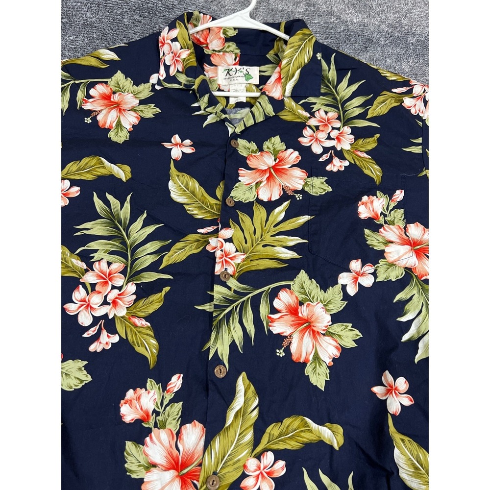 KY'S Hawaiian Shirt Mens 2XL Navy Blue Hibiscus Floral Cotton Made in Hawaii